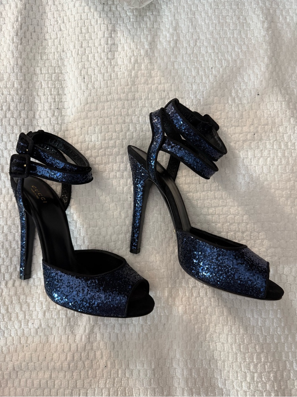 Gucci Blue Glitter Open-Toe Ankle-Strap Heels - Picture 4 of 9